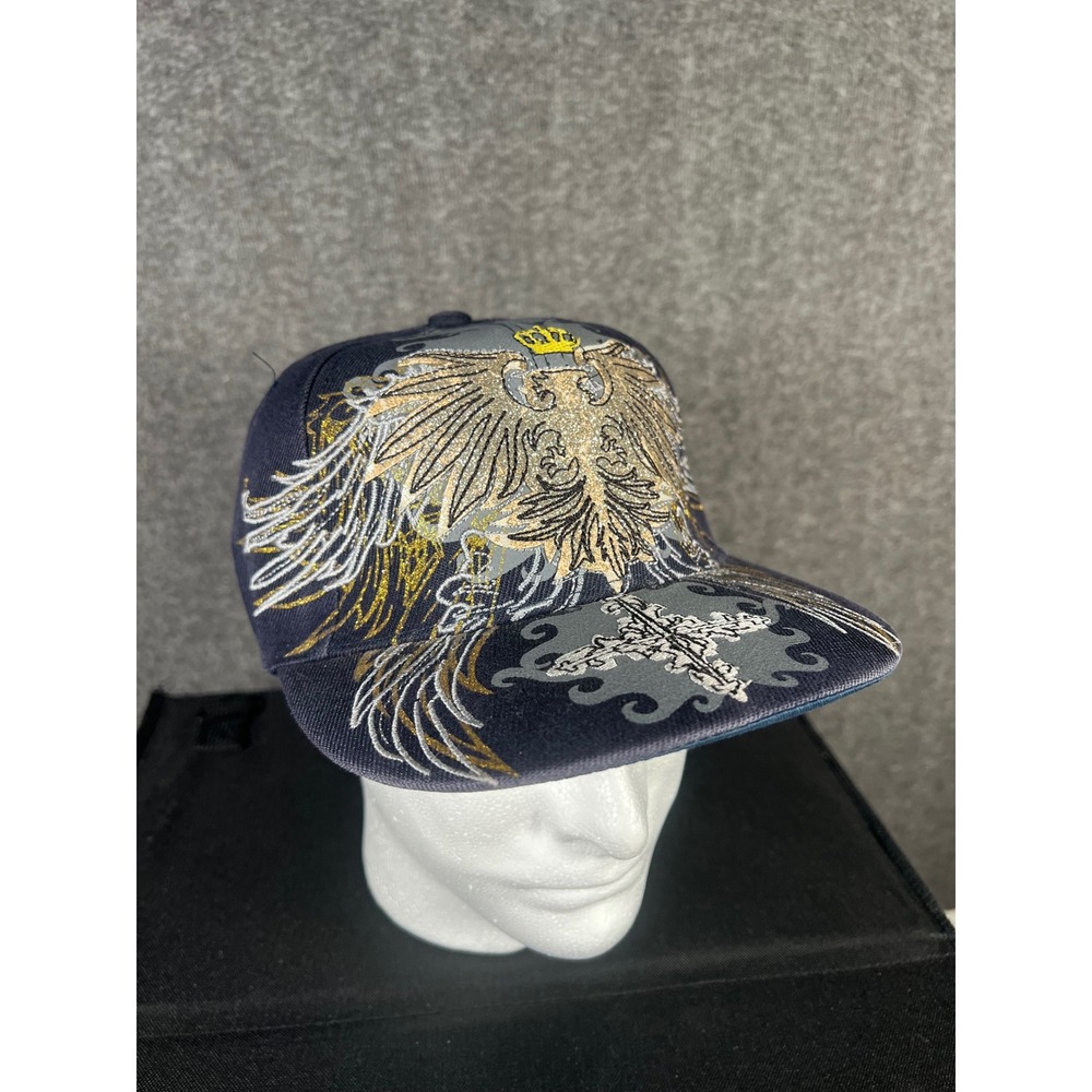 Vintage Y2K Embroidered Fitted Hat Navy Blue Double Eagle Crown Cross Size 7 3/8